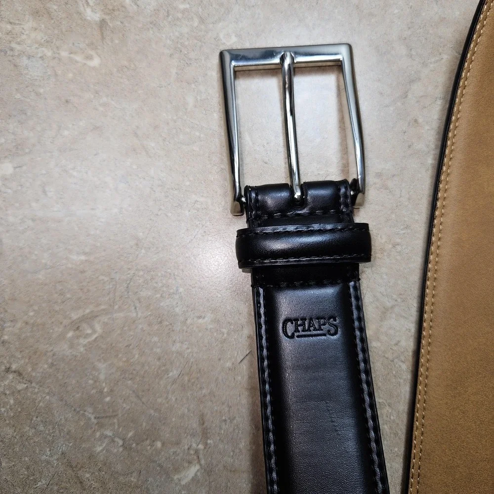 Chaps Belt Mens Large 38-40 Black Dress Silver‎ Buckle Imitation Leather Classic